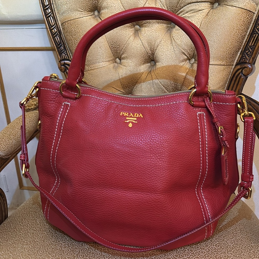 Prada Red Vitello Daino Sacca 2 Manici Tote